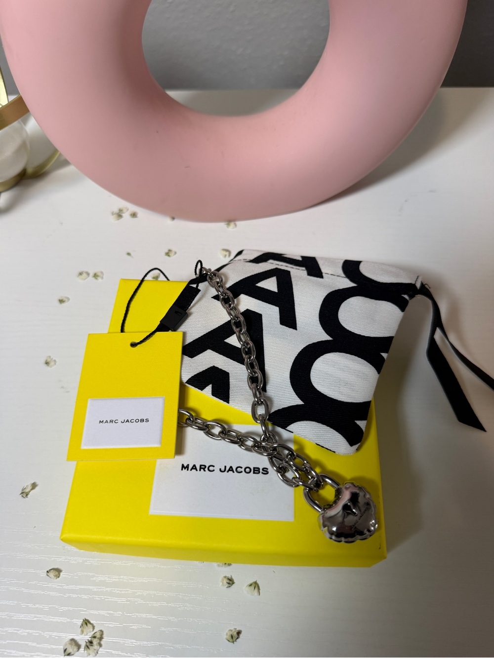 Marc Jacobs Black & White Logo Card Holder with Silver Charm Chain